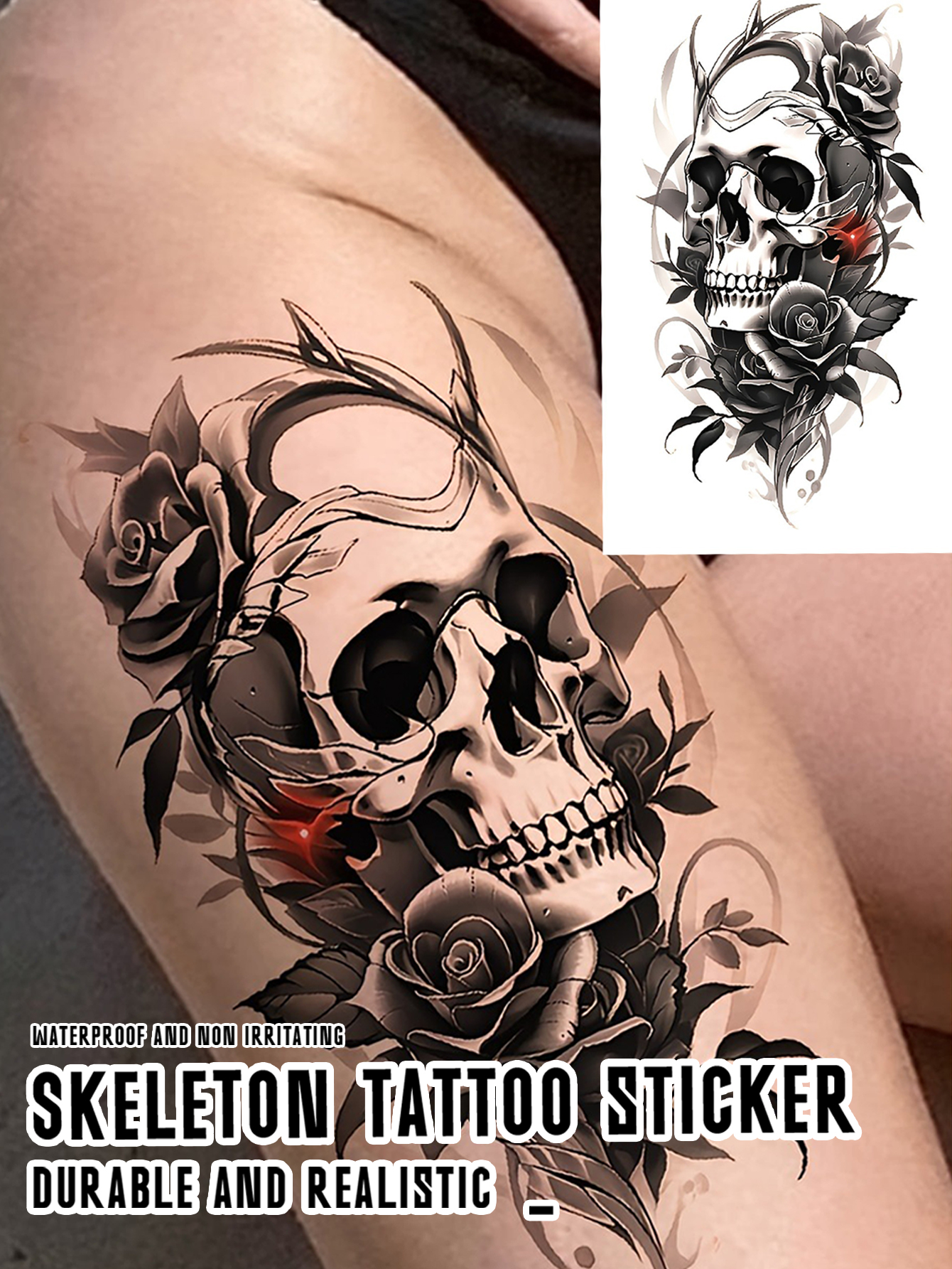 3D Skull and Rose Waterproof Temporary Tattoo Stickers